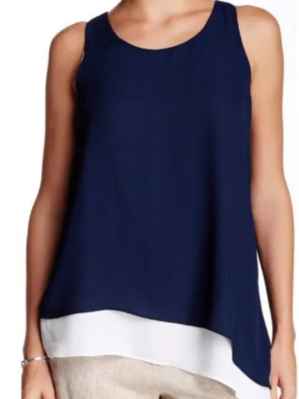 Max Studio Layered Asymmetrical Sleeveless Chiffon Blouse Navy White M